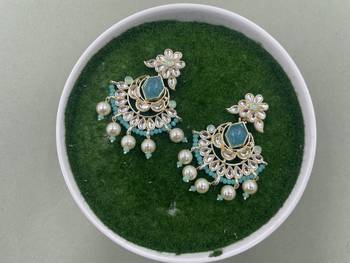 Gold Plated Floral Sky Blue Kundan Pearls Studded Jhumki Earrings 1