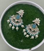 Gold Plated Floral Sky Blue Kundan Pearls Studded Jhumki Earrings