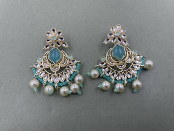 Gold Plated Floral Sky Blue Kundan Pearls Studded Jhumki Earrings 2