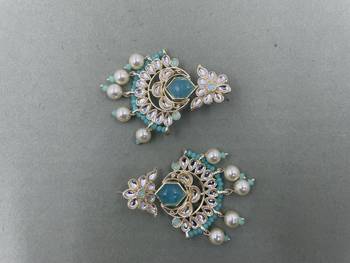 Gold Plated Floral Sky Blue Kundan Pearls Studded Jhumki Earrings 3