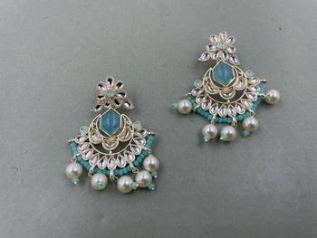 Gold Plated Floral Sky Blue Kundan Pearls Studded Jhumki Earrings 4