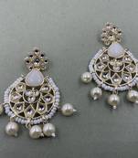 Gold Plated Floral White  Kundan Pearls Studded Jhumki Earrings