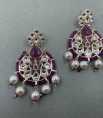 Gold Plated Floral Purple  Kundan Pearls Studded Jhumki Earrings