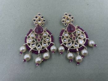 Gold Plated Floral Purple  Kundan Pearls Studded Jhumki Earrings 2