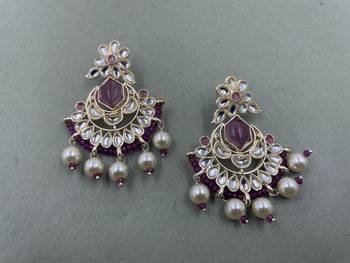 Gold Plated Floral Purple  Kundan Pearls Studded Jhumki Earrings 1