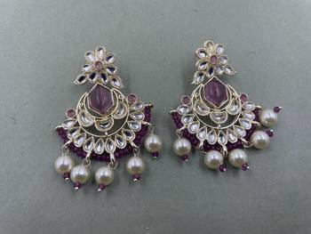 Gold Plated Floral Purple  Kundan Pearls Studded Jhumki Earrings 2
