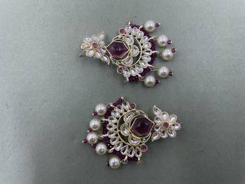 Gold Plated Floral Purple  Kundan Pearls Studded Jhumki Earrings 3