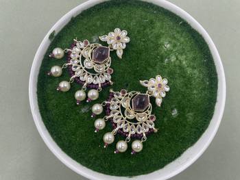 Gold Plated Floral Purple  Kundan Pearls Studded Jhumki Earrings 4
