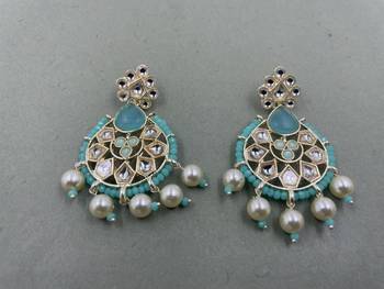 Gold Plated Floral Sky Blue Kundan Pearls Studded Jhumki Earrings 1