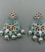 Gold Plated Floral Sky Blue Kundan Pearls Studded Jhumki Earrings