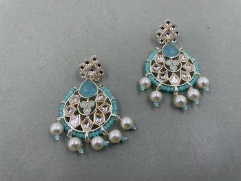 Gold Plated Floral Sky Blue Kundan Pearls Studded Jhumki Earrings 2