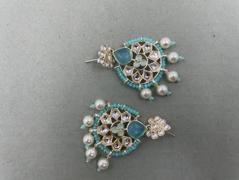Gold Plated Floral Sky Blue Kundan Pearls Studded Jhumki Earrings 3