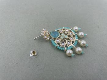 Gold Plated Floral Sky Blue Kundan Pearls Studded Jhumki Earrings 4