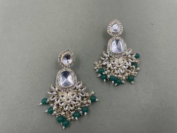Gold Plated Classic Green Pearls Kundan Studded Jhumki Earrings 2