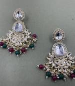 Gold Plated Classic Red Green Pearls Kundan Studded Jhumki Earrings