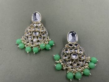 Gold Plated Classic Mint Green Pearls Kundan Studded Jhumki Earrings 1