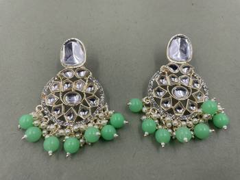 Gold Plated Classic Mint Green Pearls Kundan Studded Jhumki Earrings 3