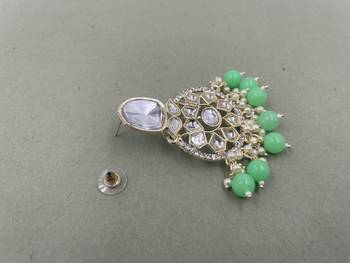 Gold Plated Classic Mint Green Pearls Kundan Studded Jhumki Earrings 4