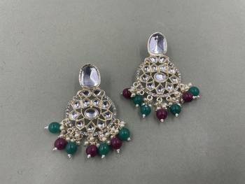 Gold Plated Classic Green Red Pearls Kundan Studded Jhumki Earrings 2