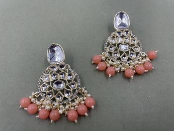 Gold Plated Classic Peach Pearls Kundan Studded Jhumki Earrings 1