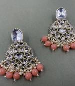 Gold Plated Classic Peach Pearls Kundan Studded Jhumki Earrings