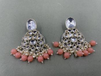 Gold Plated Classic Peach Pearls Kundan Studded Jhumki Earrings 2