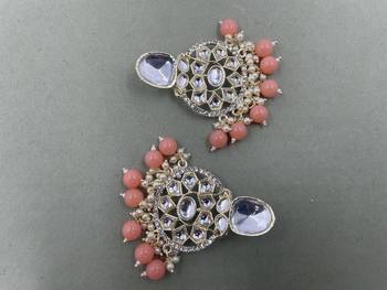 Gold Plated Classic Peach Pearls Kundan Studded Jhumki Earrings 3