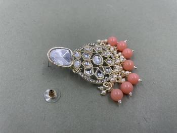 Gold Plated Classic Peach Pearls Kundan Studded Jhumki Earrings 4