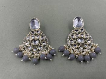 Gold Plated Classic Grey Pearls Kundan Studded Jhumki Earrings 1