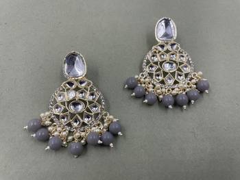 Gold Plated Classic Grey Pearls Kundan Studded Jhumki Earrings 2