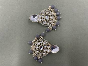Gold Plated Classic Grey Pearls Kundan Studded Jhumki Earrings 3