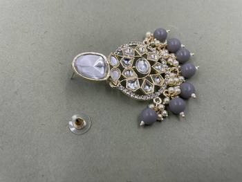 Gold Plated Classic Grey Pearls Kundan Studded Jhumki Earrings 4