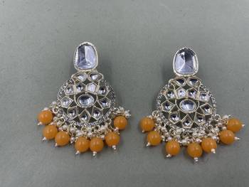 Gold Plated Classic Orange Pearls Kundan Studded Jhumki Earrings 1