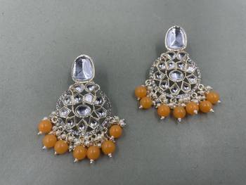 Gold Plated Classic Orange Pearls Kundan Studded Jhumki Earrings 2
