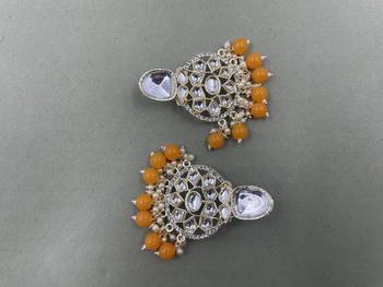 Gold Plated Classic Orange Pearls Kundan Studded Jhumki Earrings 3