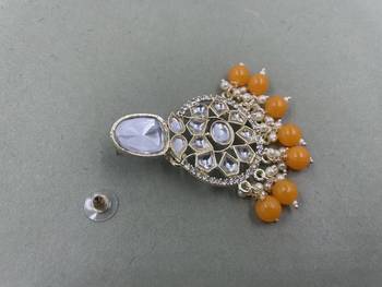 Gold Plated Classic Orange Pearls Kundan Studded Jhumki Earrings 4