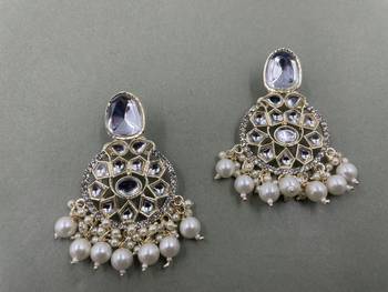 Gold Plated Classic White Pearls Kundan Studded Jhumki Earrings 1