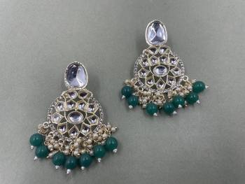 Gold Plated Stylish Green Pearls Kundan Studded Jhumki Earrings 2