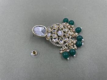 Gold Plated Stylish Green Pearls Kundan Studded Jhumki Earrings 4