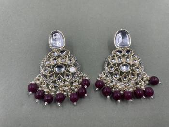 Gold Plated Stylish Maroon Pearls Kundan Studded Jhumki Earrings 1