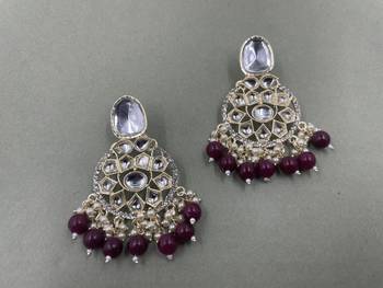 Gold Plated Stylish Maroon Pearls Kundan Studded Jhumki Earrings 2