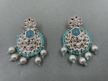 Gold Plated Stylish Rama Green Pearls Kundan Studded Jhumki Earrings 1