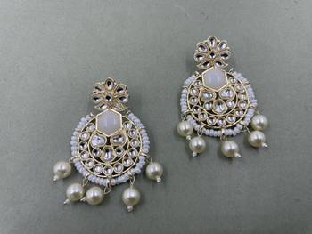 Gold Plated Stylish  White Pearls Kundan Studded Jhumki Earrings 1