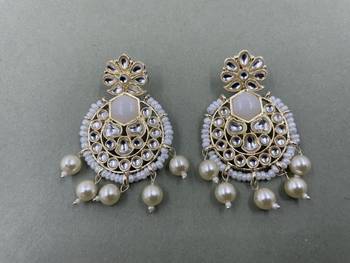 Gold Plated Stylish  White Pearls Kundan Studded Jhumki Earrings 2