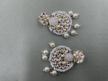 Gold Plated Stylish  White Pearls Kundan Studded Jhumki Earrings 3
