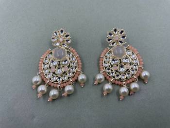 Gold Plated Stylish Peach Pearls Kundan Studded Jhumki Earrings 1