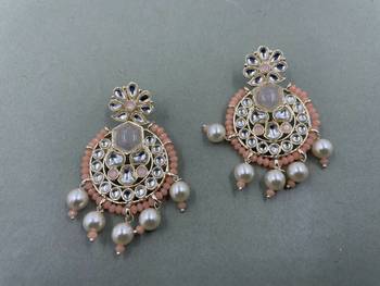 Gold Plated Stylish Peach Pearls Kundan Studded Jhumki Earrings 2
