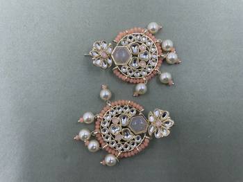 Gold Plated Stylish Peach Pearls Kundan Studded Jhumki Earrings 3