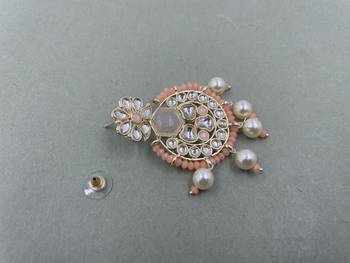 Gold Plated Stylish Peach Pearls Kundan Studded Jhumki Earrings 4