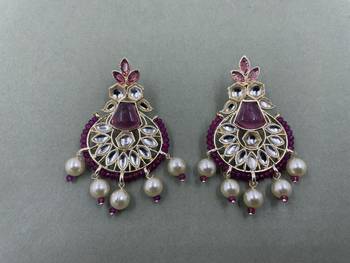 Gold Plated Stylish Purple Pearls Kundan Studded Jhumki Earrings 1